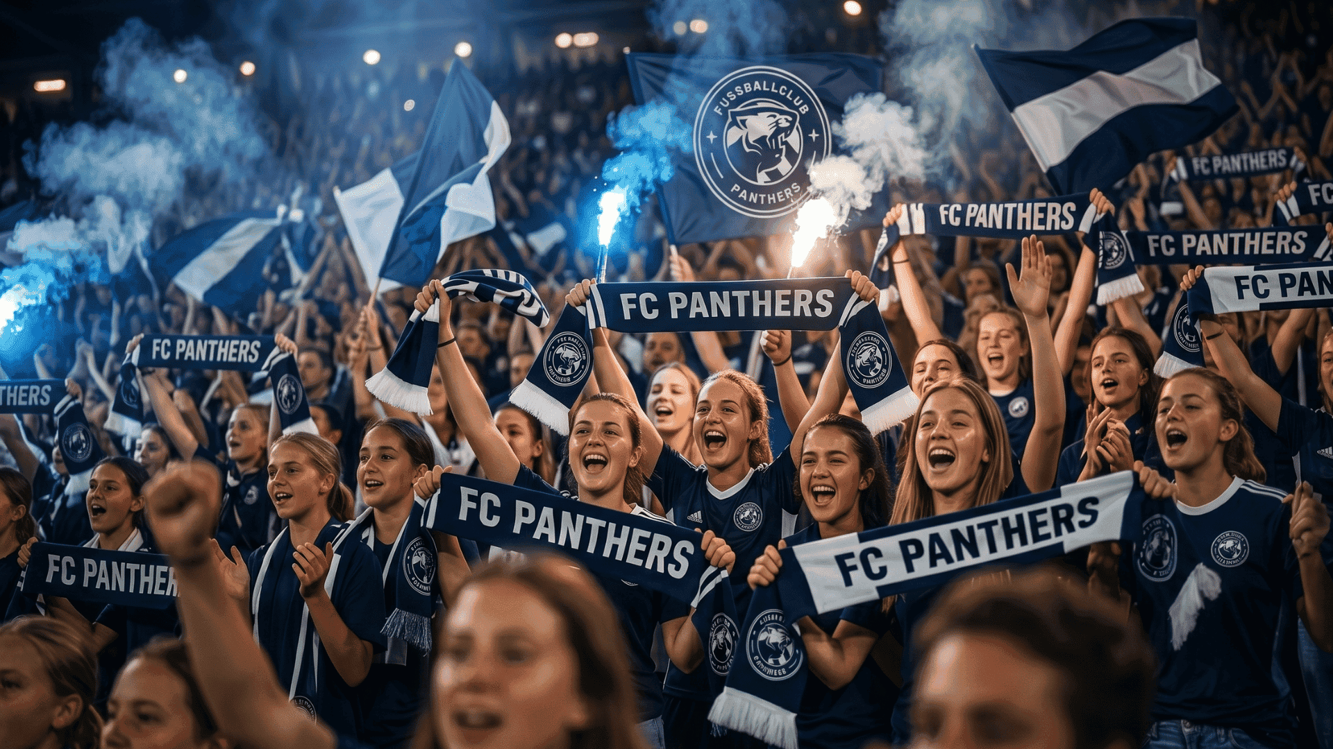 Jubelnde Fans in Vereinsblau halten FC-Panthers-Schals und Fahnen hoch